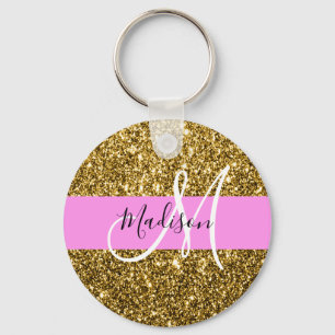 Glamouröser rosa und goldener Glitter-Monogramm-Na Schlüsselanhänger
