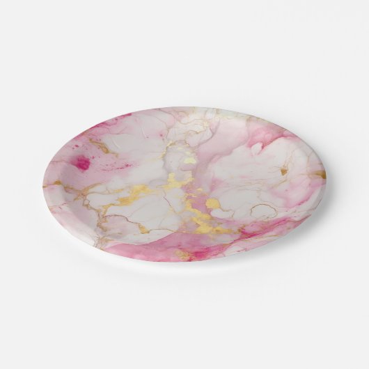 Glamouröser Rosa- und Goldmarmoreffekt Pappteller (Schrägansicht)