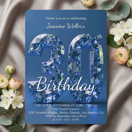Glamouröser Saphirblauer Diamant 30. Geburtstag Einladung