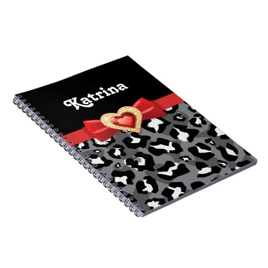 Glamouröser Schwarz-weißer Leopard, Roter Bogen un Notizblock (Rechte Seite)