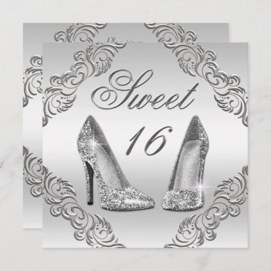 Glamouröser Silber Glitzer High Heels Sweet 16 Einladung (Vorne/Hinten)