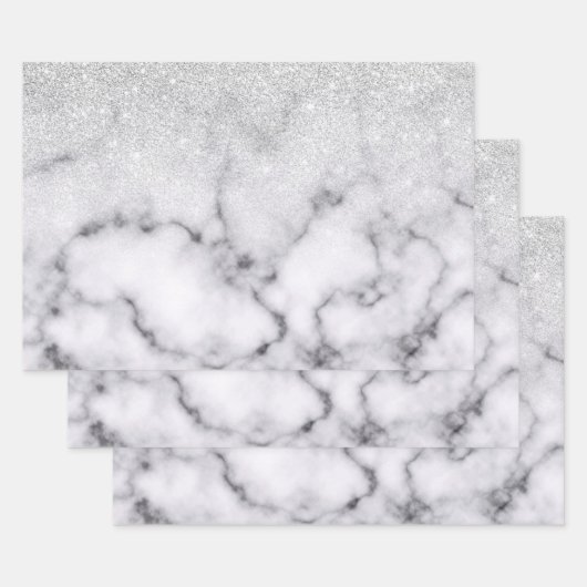 Glamouröser Silberweißer Glitzer Marmor Gradient Geschenkpapier Set (Set)