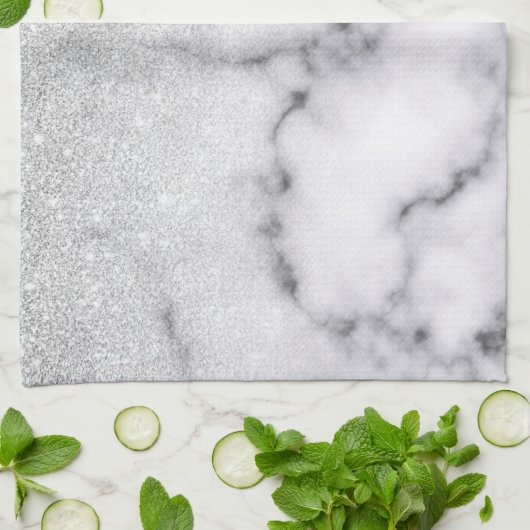Glamouröser Silberweißer Glitzer Marmor Gradient Geschirrtuch (Gefaltet)