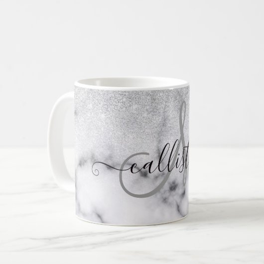 Glamouröser Silberweißer Glitzer Marmor Gradient Kaffeetasse (Vorderseite Links)