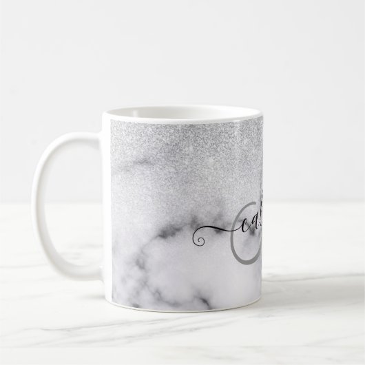 Glamouröser Silberweißer Glitzer Marmor Gradient Kaffeetasse (Links)