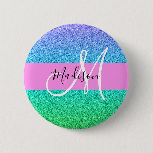 Glamouröses Blau Grün Glitter Funkeln Gradient Mon Button (Vorderseite)