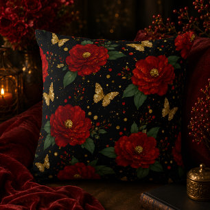 Glamouröses Blumen-Wurfkissen rote Rosen goldener Kissen