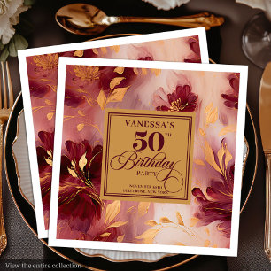 Glamouröses Burgunder-Roségold-Blumenmuster zum 50 Serviette