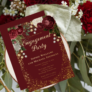 Glamouröses Burgunder-Rosen-Blumen-Engagement-Part Folieneinladung