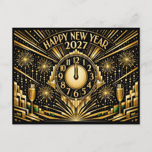 Glamouröses Gold Art Deco Mitternacht Neujahr Feiertagspostkarte