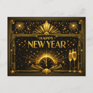 Glamouröses Gold Schwarzes Art Deco Neujahr Feiertagspostkarte