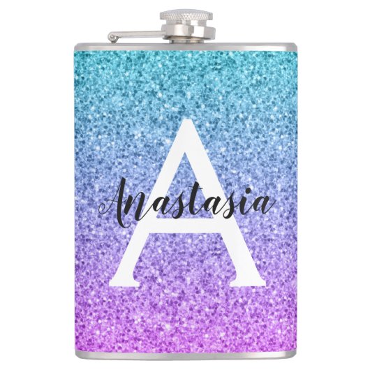 Glamouröses Lila-Aqua-Glitter-Funkel-Verlaufs-Mono Flachmann (Vorderseite)