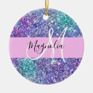 Glamouröses lila, blaues und grünes Glitter-Monogr Keramik Ornament