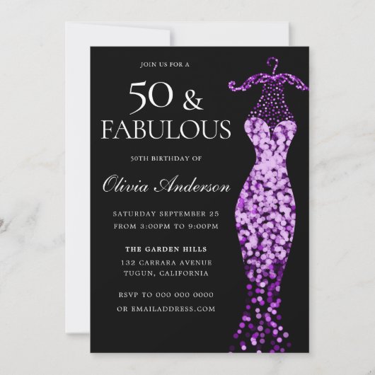 Glamouröses Lila Kleid Fabulous 50. Geburtstag Einladung (Vorderseite)