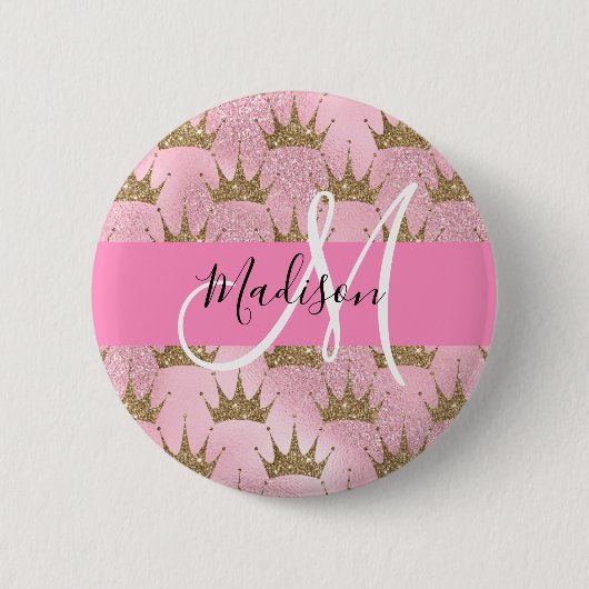 Glamouröses Pink & Gold Glitter Funkeln Kronen Mon Button (Vorderseite)