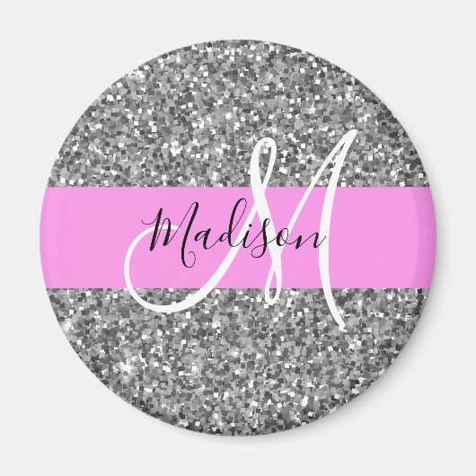 Glamouröses Pink & Silber Glitter Funkeln Monogram Magnet (Vorne)