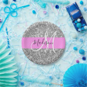 Glamouröses Pink & Silber Glitter Funkeln Monogram Pappteller (Party)