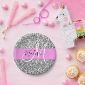 Glamouröses Pink & Silber Glitter Funkeln Monogram Pappteller (Party)