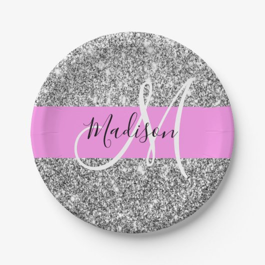 Glamouröses Pink & Silber Glitter Funkeln Monogram Pappteller (Vorderseite)