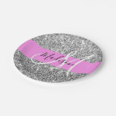 Glamouröses Pink & Silber Glitter Funkeln Monogram Pappteller (Schrägansicht)