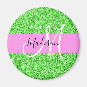Glamouröses Pink und Grün Glitter Funkeln Monogram Magnet