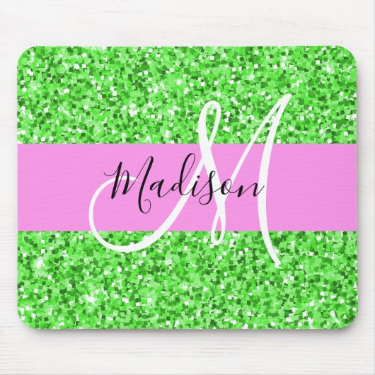 Glamouröses Pink und Grün Glitter Funkeln Monogram Mousepad (Vorne)