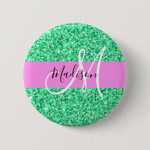 Glamouröses Pink und grüner Glitterfunk Monogramm Button
