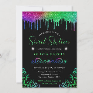 Glamouröses Regenbogen-Gradient-Glitter Sweet 16 Einladung