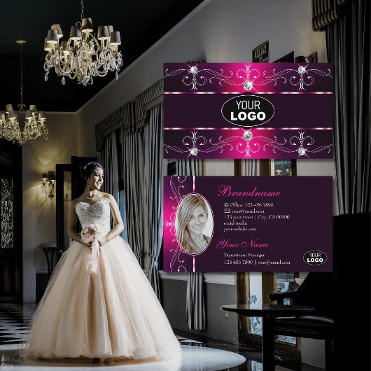 Glamouröses Rosa Burgund Verziert Borders Logo & F Visitenkarte