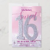 Glamouröses Rosa und Diamant Sweet 16 Celebration Einladung (Vorderseite)