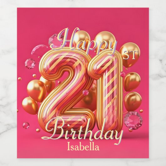 Glamouröses Rosa und Gold gestreift am 21. Geburts Weinetikett (Einzelnes Label)