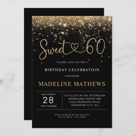 Glamouröses Schwarzes und Gold Herz Sweet 60 Gebur Einladung (Vorne/Hinten)