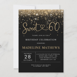 Glamouröses Schwarzes und Gold Herz Sweet 60 Gebur Einladung