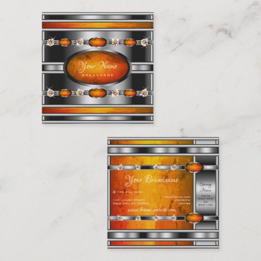 Glamouröses Silber mit orangefarbenem Marmor und D Quadratische Visitenkarte (Vorne/Hinten)