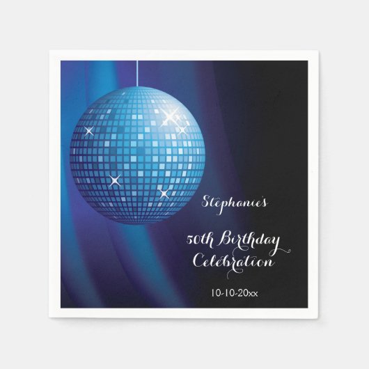 Glamourous 50. Geburtstag Blue Party Disco Ball Serviette (Vorderseite)