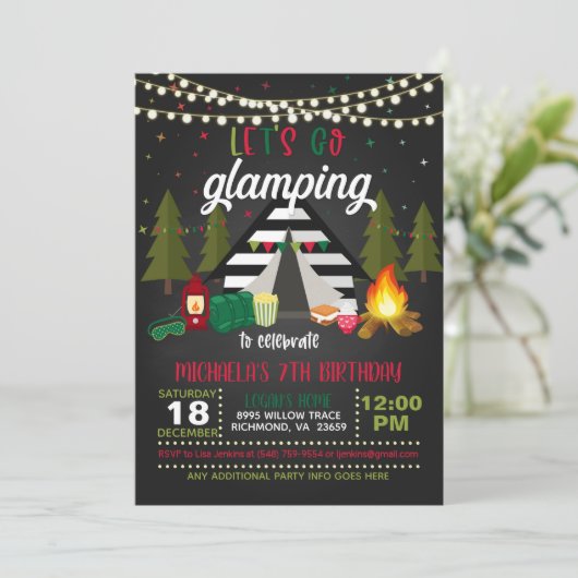 Glamping Birthday Einladung - Weihnachten (Stehend Vorderseite)