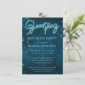 Glamping Birthday Party | Dark Neon Blue Aquamarin Einladung (Stehend Vorderseite)