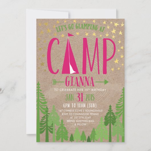 Glamping Birthday Party Einladung für Pennie (Vorderseite)