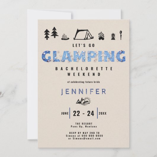 Glamping Denim Diamonds Fun Bachelorette Weekend Einladung (Vorderseite)