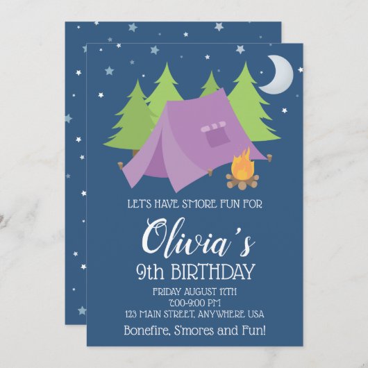 Glamping Girls Lila Camping Sleepover Geburtstag Einladung (Vorne/Hinten)