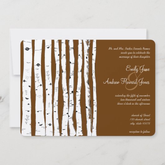 Glamping Mocha Brown Birch Tree Wedding Einladung (Vorderseite)