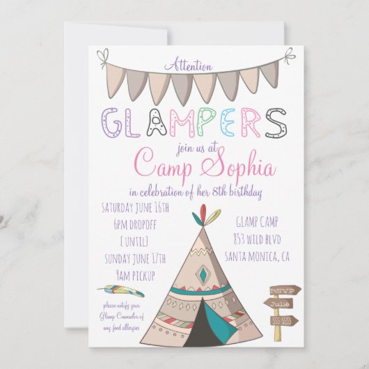 Glamping Themed Birthday Einladung (Vorderseite)