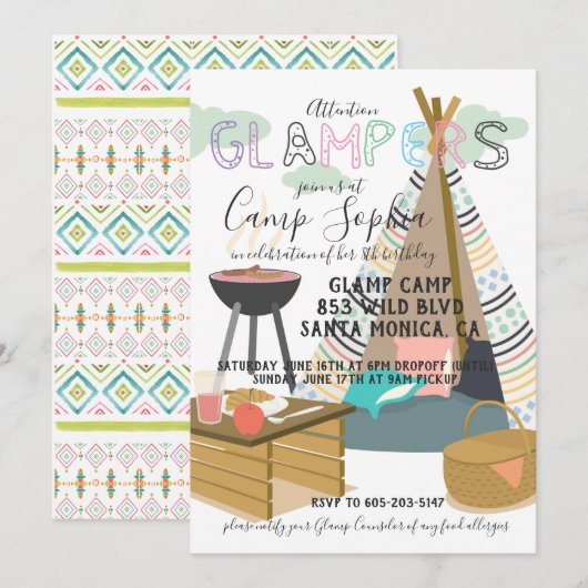 Glamping Themed Birthday Einladung (Vorne/Hinten)