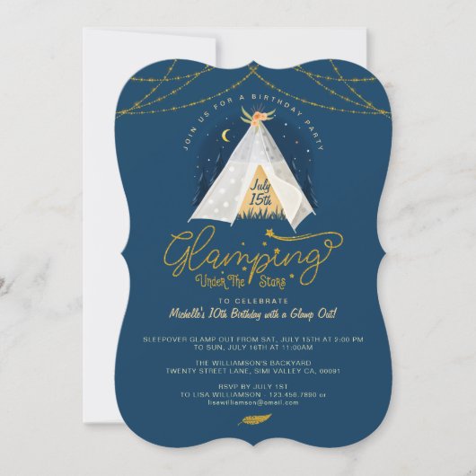 Glamping Under the Stars Tepee Navy & Gold Camping Einladung (Vorderseite)