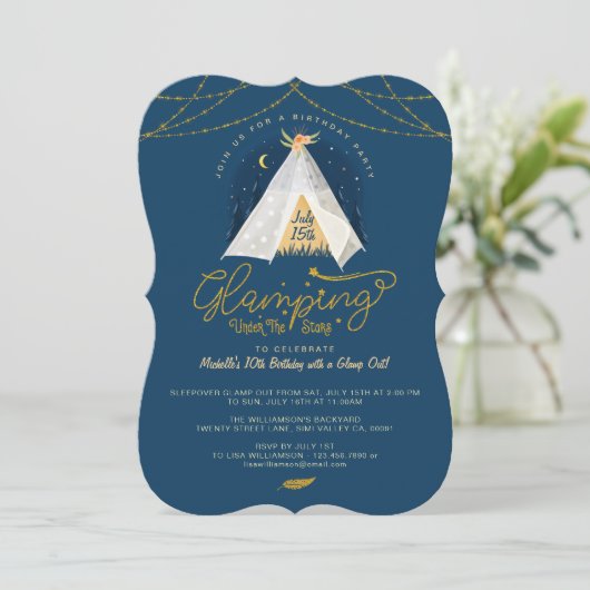 Glamping Under the Stars Tepee Navy & Gold Camping Einladung (Stehend Vorderseite)