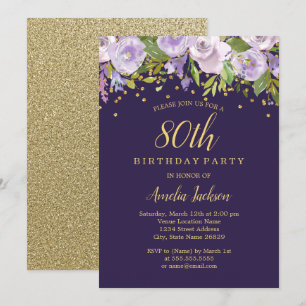 Glanz Blumen Violett Gold 80. Geburtstagseinladung Einladung