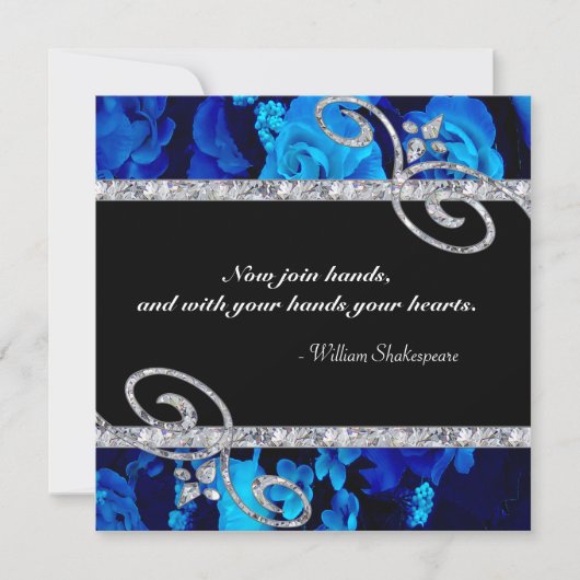 Glänzende blaue Rosen u. Wedding Diamant-Wirbel Einladung (Vorderseite)