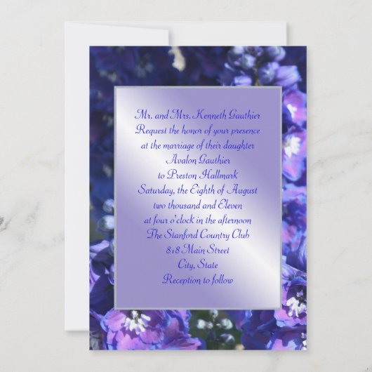 Glänzende blaue u. lila Blumenhochzeits-Einladung Einladung (Rückseite)