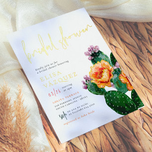 Glänzende Boho-Wüstenkaktus- und Blumen-Brautparty Folieneinladung