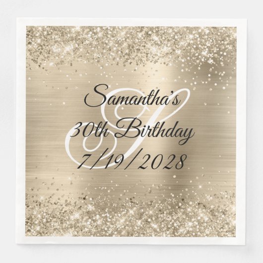 Glänzende Champagnerfolie-Monogramm 30. Geburtstag Serviette (Vorderseite)